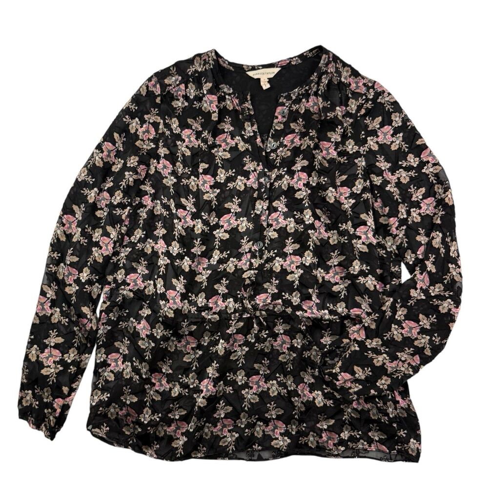 Rebecca Taylor Floral Flocked Burnout Blouse Women 0 Tie Waist Silk Blend